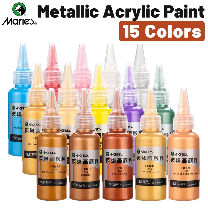 15 Colors Marie's Metallic Acrylic Paint Set,50ml/1.69oz per for DIY,Furniture,Rock,Glass,Painting,Canvas for Adults, Artists