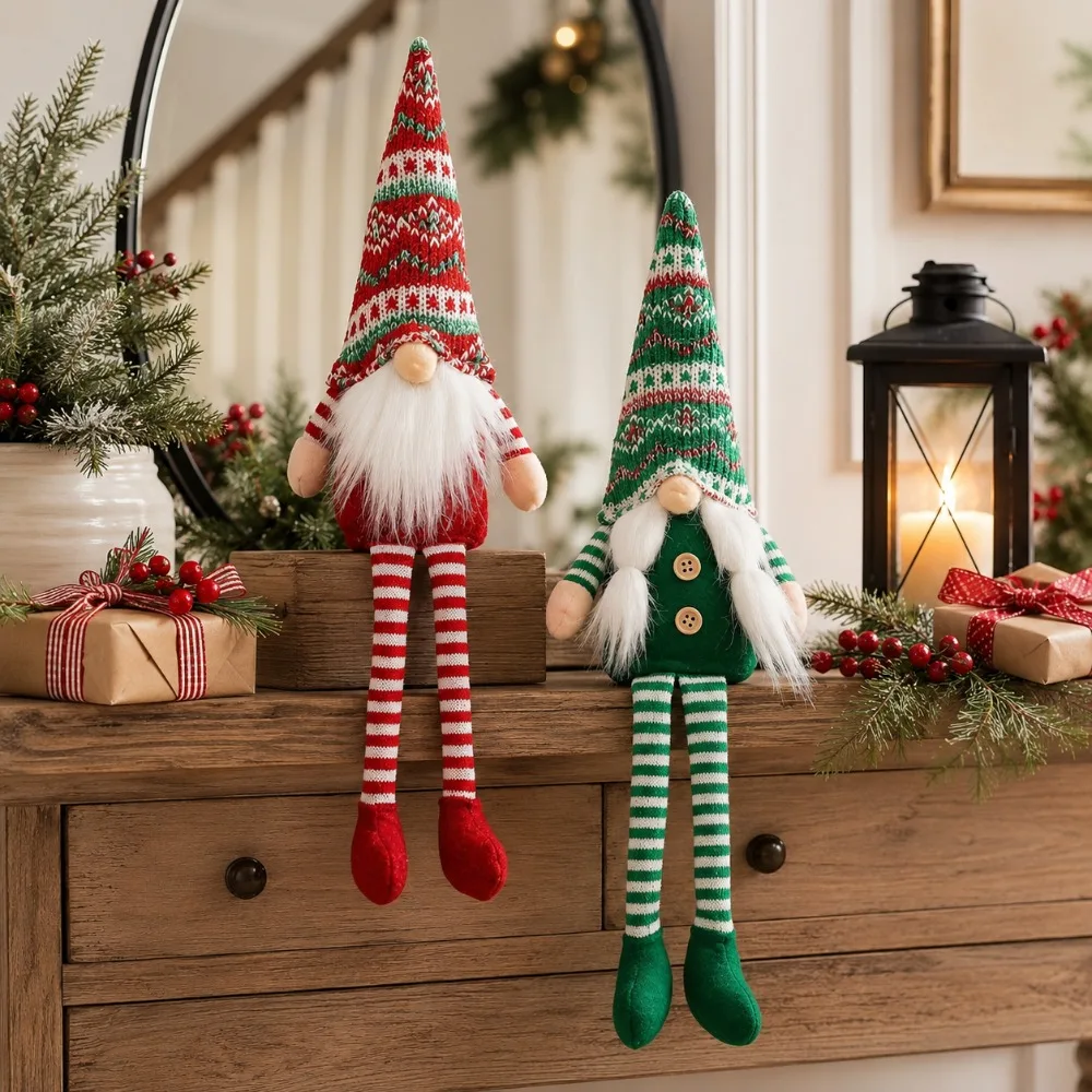 2 pieces of Nordic-style long-legged Christmas faceless old man figurines. With a classic red, white and green striped design, t