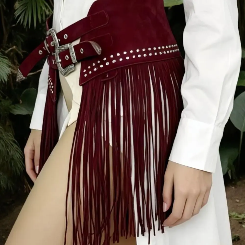 Fashion Soft Matte Look Western Waist Belt Extra Wide Rivet Decor Double Buckle Belt Suede Material Boho Belt Daily Styling