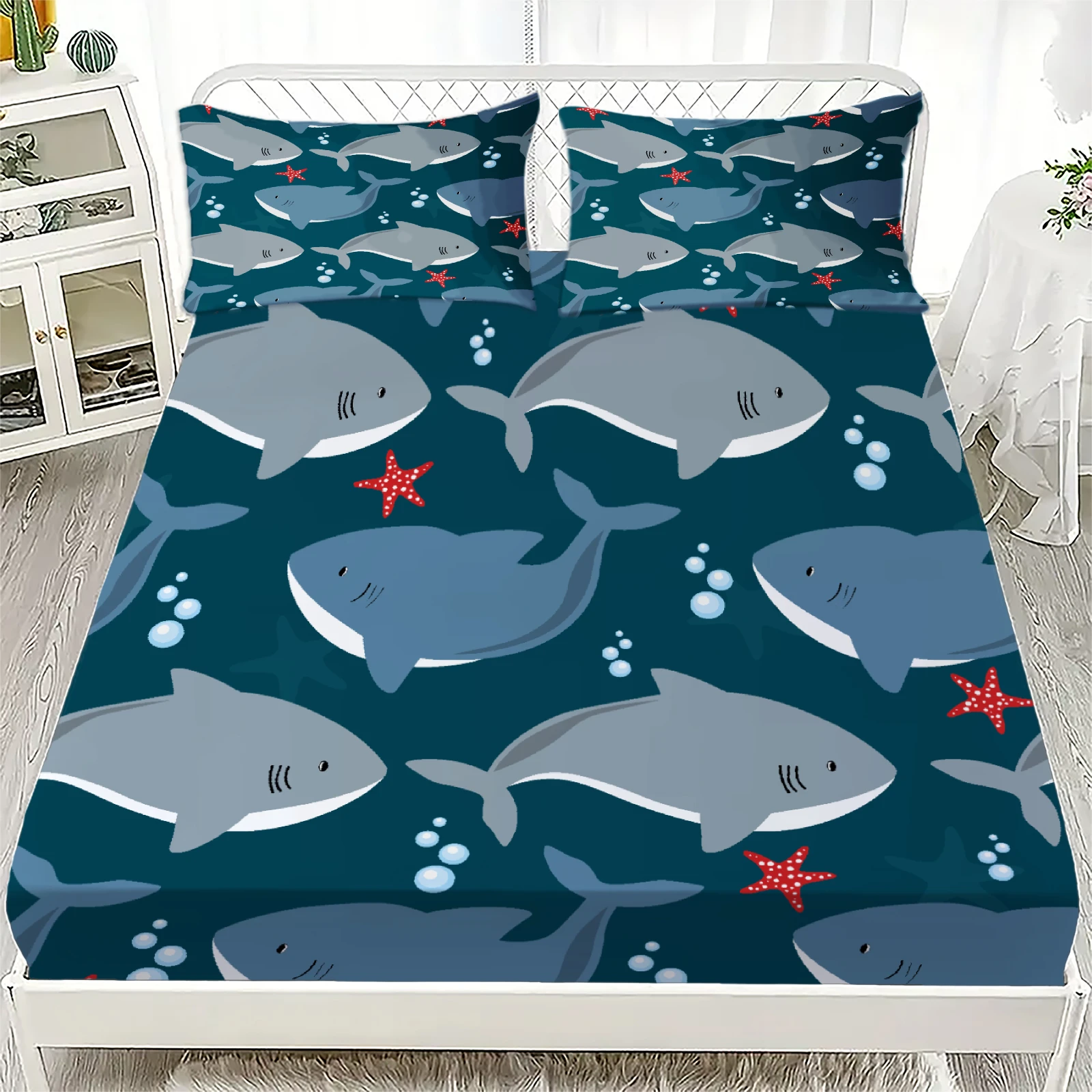 3pcs Fitted Sheet Set Sharks Starfish Bubbles Ocean Blue Wrinkle Resistant Bed Sheet With Pillowcases For Bedroom Decor