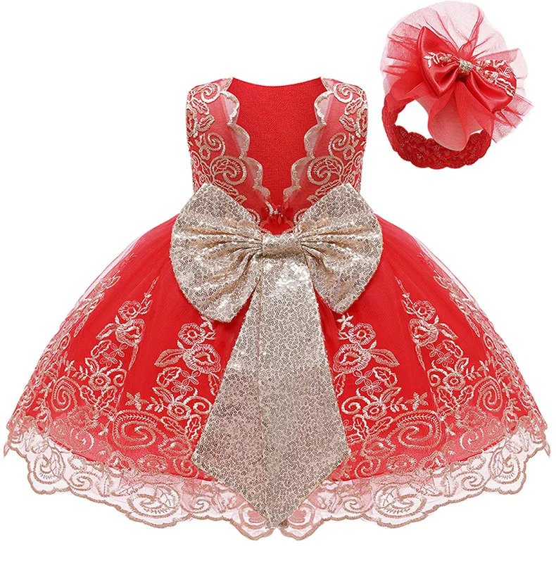 Stumbling toddler girl baby sequin large bow lace dress formal birthday party attire Christmas backless luxury clothing