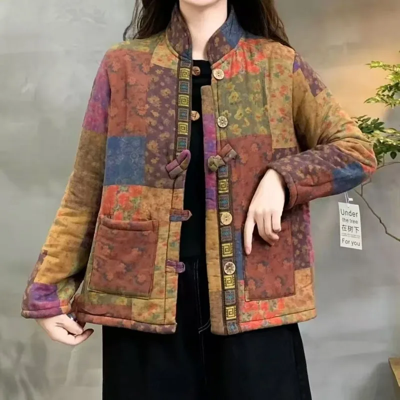 New Winter Ethnic Button Fleece-Lined Coat Thicken Vintage Versatile Cotton Jacket Print Cotton Coat Warm Loose Outerwear Tops