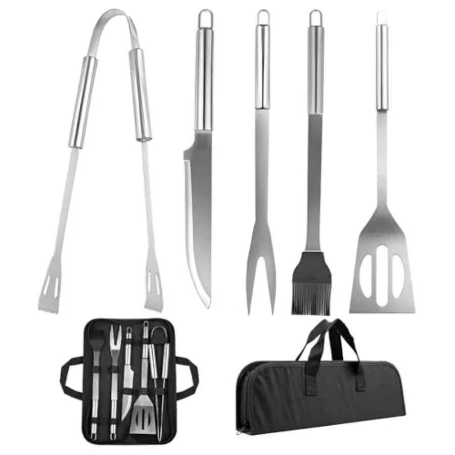 

Grill Set Stainless Steel 5Piece Grilling Accessories with Spatula Fork Brush Knife and Tongs BBQ Grilling Accessories for Outd
