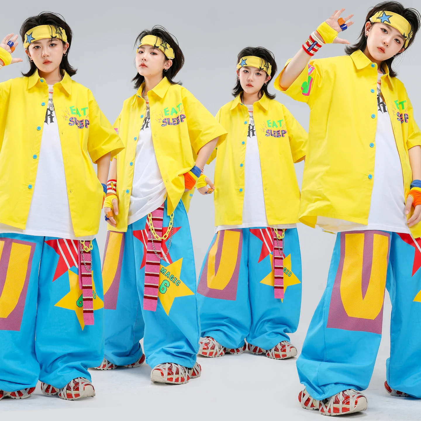 Kids Hip‑hop Dance Costumes Print BlueTshirt White Inner Tops Wide‑leg Pants Boys Girls Streetwear Stage Performance Outfits