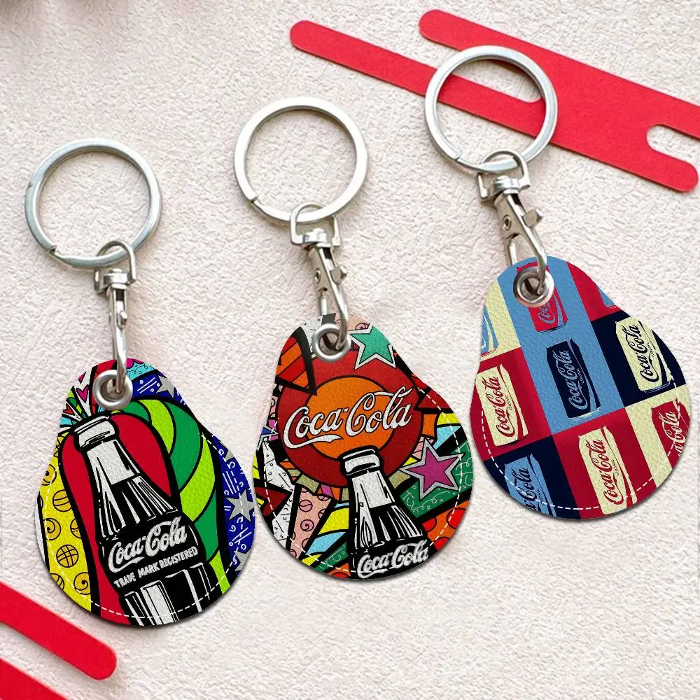 Fashion Print C-Coca C-Cola Keychain Access Card Bag Key Tag Ring Leather Card Holder Keychain Key Ring Door Lock Access Tags