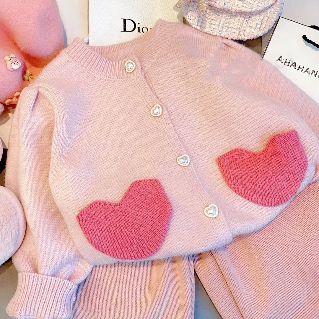 

Girls' Cardigan Sweater Jacket 2023 Autumn Korean Version Children's Love Patchwork Sweet Baby Kids Coat Pink Knit Sweater