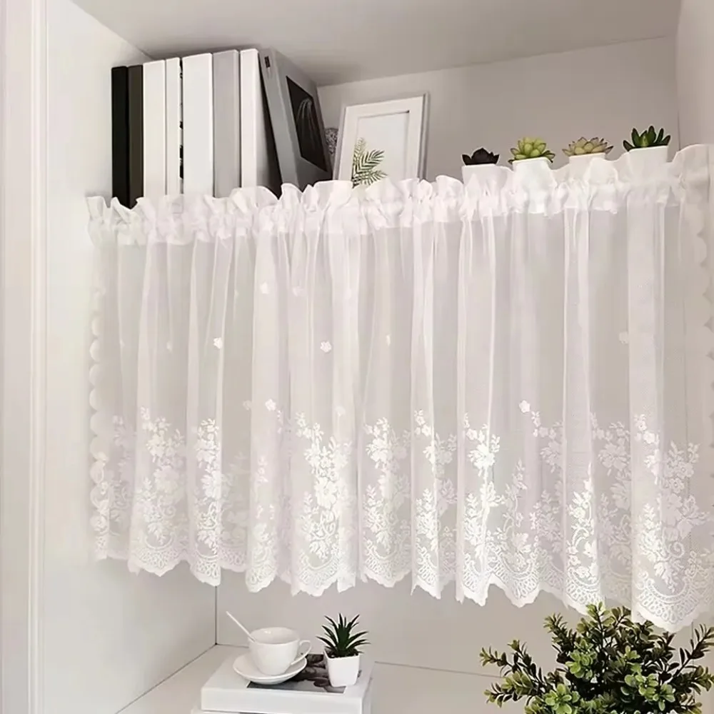 White Lace Wave Short Tulle Embroidered Half Curtains for Kitchen Door Cupboard Cafe House Sheer Short Curtain Window Drapes