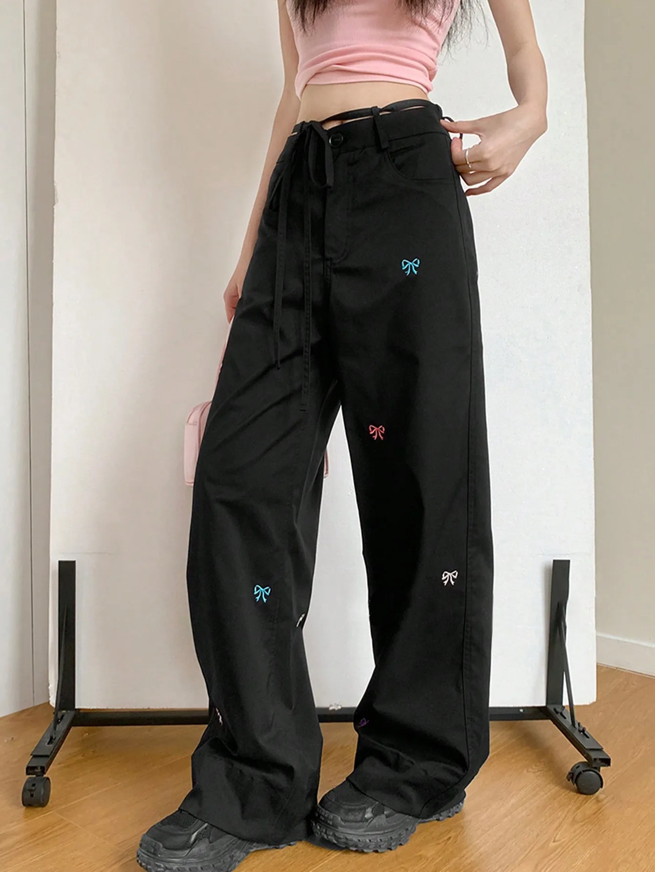 Korean Chic Autum Ins Style Colorfulful Bow Embroidered Wide-Leg Pants Design Loose Slimming Look Straight Pants for Women