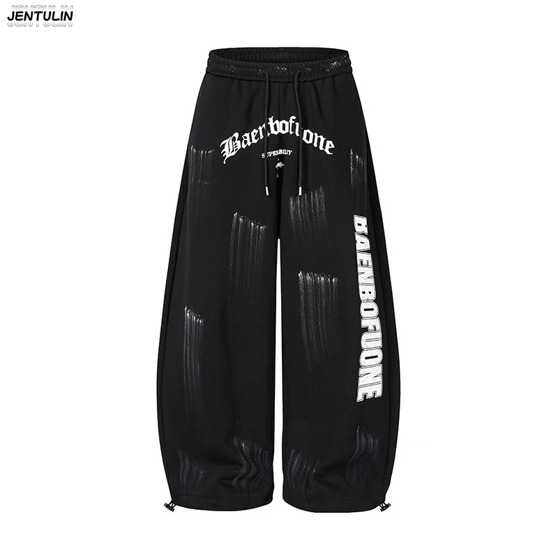 American High Street Painted Vintage Sweatpants Trendy Brand With Cracked Print Loose Wide Leg Ankle Binding Sports Pants Unisex
