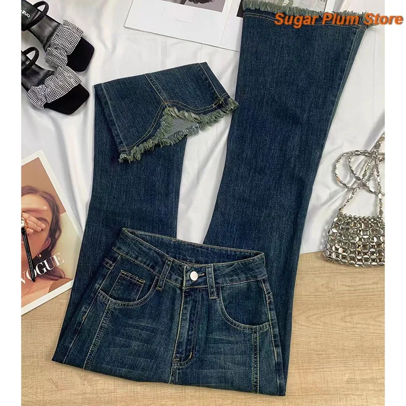 Korean Version of Minimalist Female Spring and Autumn New Fishtail Retro Wash Jeans Flared Pants Slim Casual Joker Trend Pants.