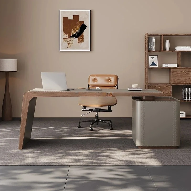 

Saddle leather solid wood office computer high-end light luxury chest cabinet integrated retractable