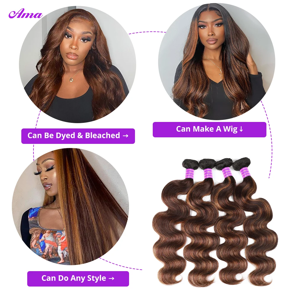 FB 30 Brown Highlight Body Wave Bundles Ombre Colored Human Hair Bundles 1 3 4 Bundles Deal Piano Color Remy Human Hair Weave