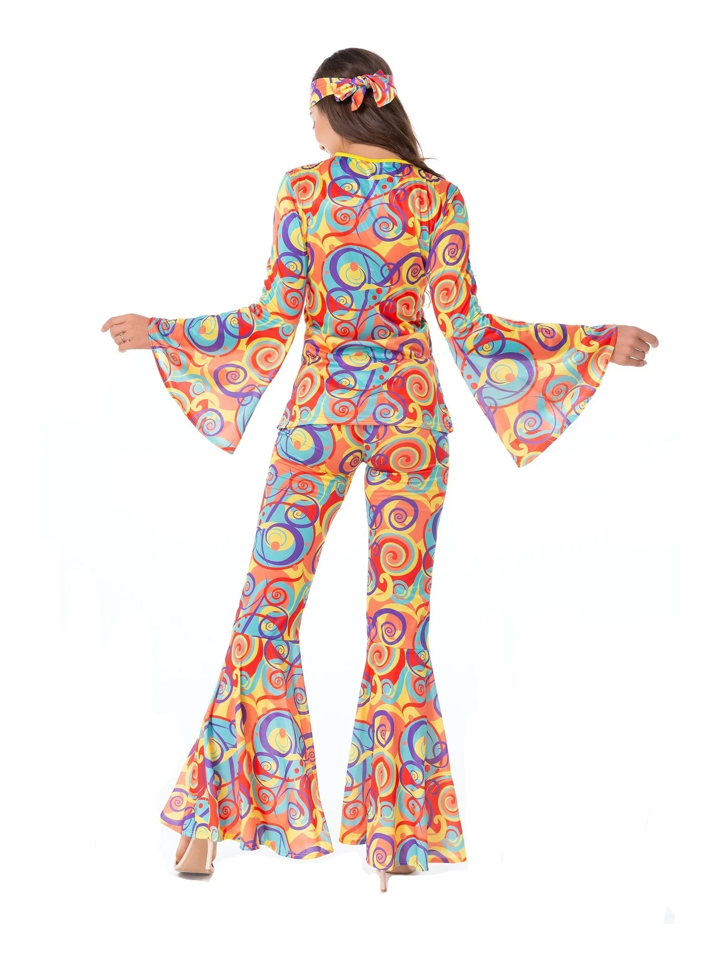 Conjunto de roupa estampada estilo hippie para mulheres, manga queimada, calças cintadas, venda quente, férias de verão, nova chegada, 2024