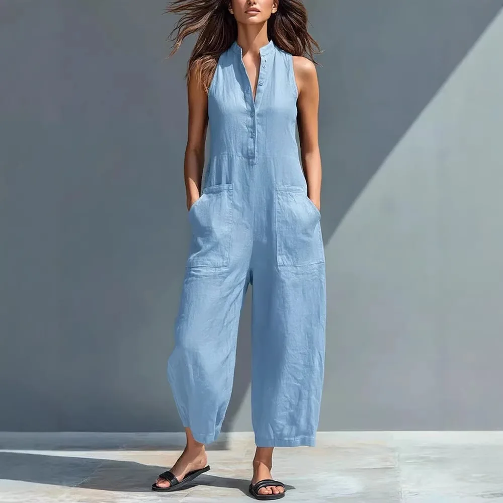 

Women's Solid Color Sleeveless Jumpsuit Fashion Stand Collar Button Pockets Wide Leg Cropped Pants Casual Summer Romper