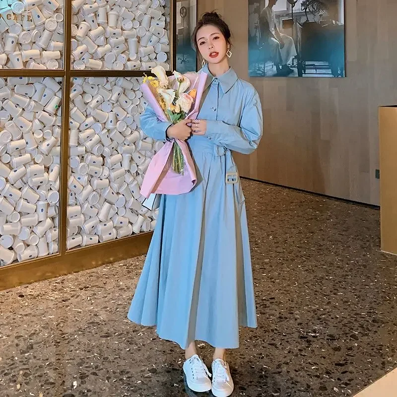 เสื้อเชิ้ตเดรสแขนยาวสีน้ำเงิน คอปกโปโล สำหรับผู้หญิง ดีไซน์เก๋ไก๋ สวยสง่า เหมาะสำหรับฤดูใบไม้ร่วงและฤดูหนาว คุณภาพสูง หรูหรา