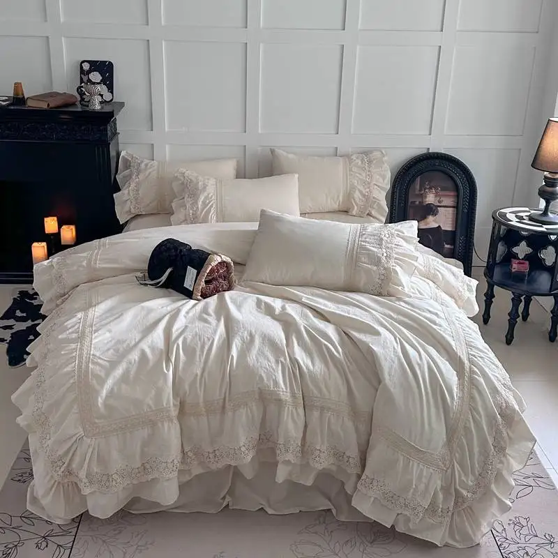 Beige Princess Lace Embroidery Bedding Sets Luxury Washed Cotton Ruffles Duvet Cover Bed Skirt Sheet Pillowcases Home Textile