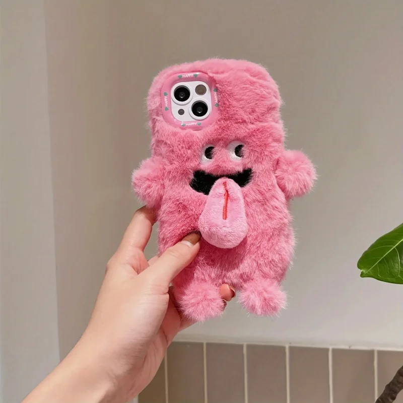 

Cartoon Cute Funny Tongue Monster Phone Case Suitable foriPhone 16ProMax，Fashionable and Simple Couple Plush Warm Phone Case