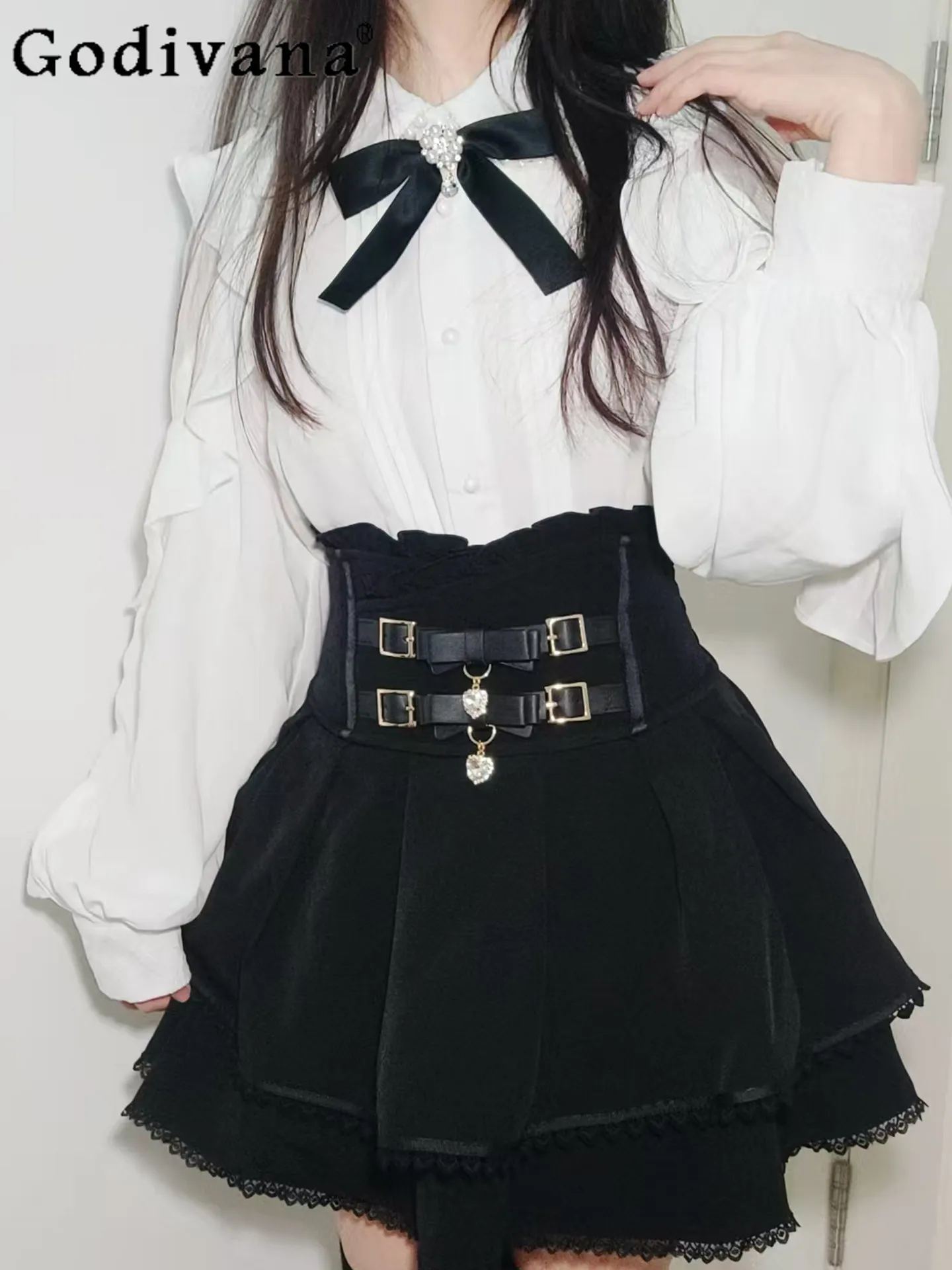 

Японская юбка в стиле Лолита с эластичным поясом, эффектом стройности, милыми бантиками и двойными оборками, для женщин