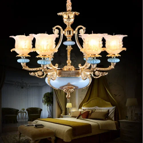 High end customized French luxury painted ceramic chandelier living dining room hotel European Retro Blue alloy Chandelier
