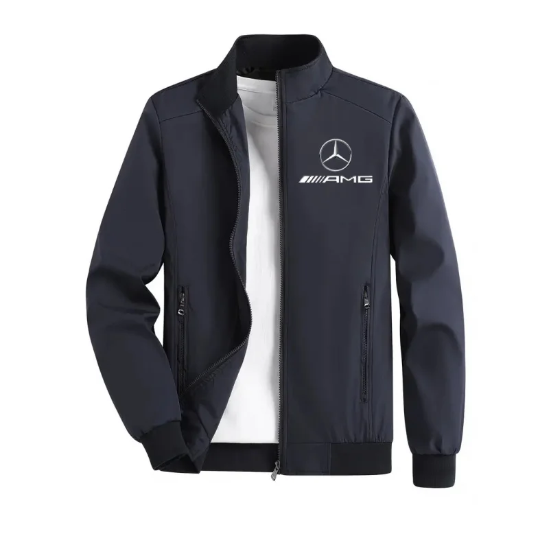 เสื้อแจ็คเก็ตฤดูใบไม้ผลิและฤดูใบไม้ร่วง เสื้อแจ็คเก็ตสปอร์ตคอตั้งคุณภาพสูงสำหรับผู้ชาย ลายพิมพ์นักบินมอเตอร์ไซค์เมอร์เซเดส-เบนซ์ ชุดทำงานสำหรับขี่มอเตอร์ไซค์