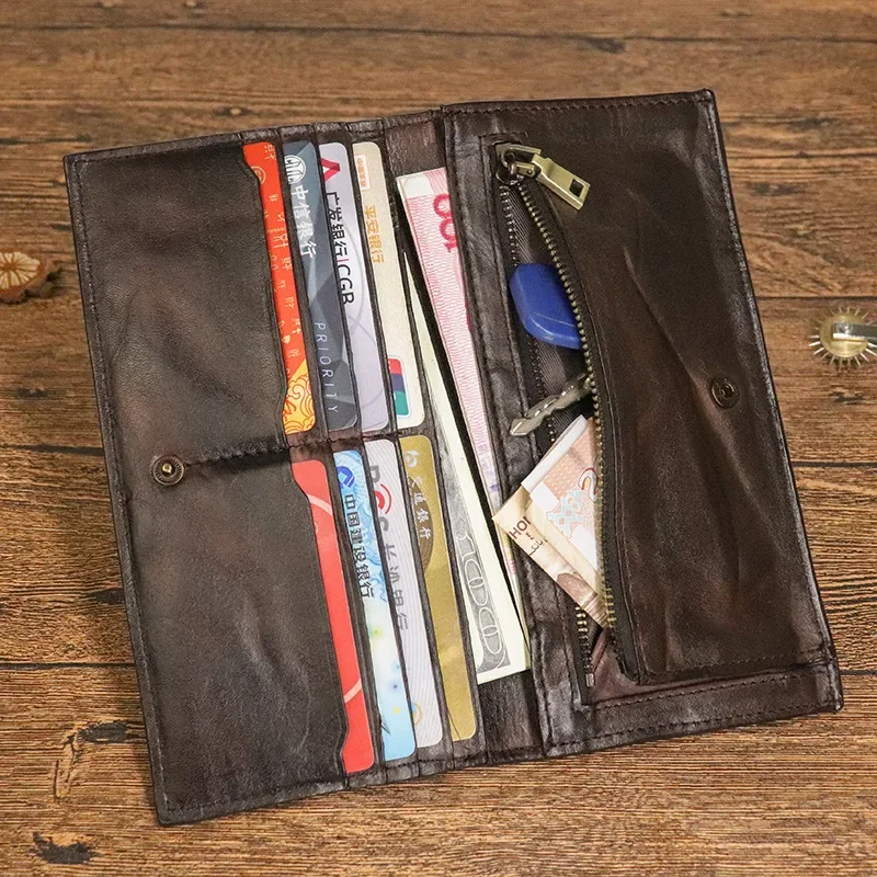 Japanese Wallet First Layer Cowhide Vegetable Tanned Leather Handmade Old Pleated Long Wallet Men's Multi-card Wallet Clutch Bag