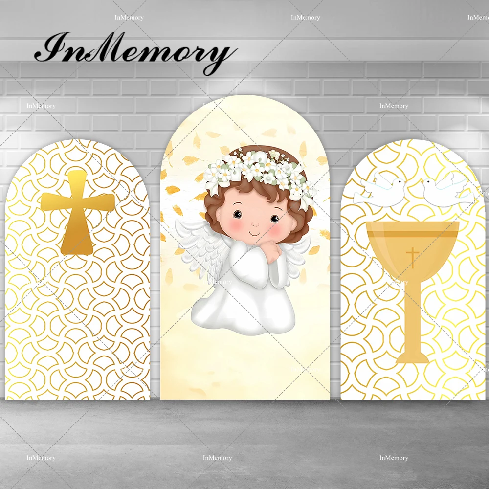 

Gold Cross Girls Baptism Arch Backdrop Cover Pigeon Angel Baby Shower Background First Holy Communion Party Decoration Banner