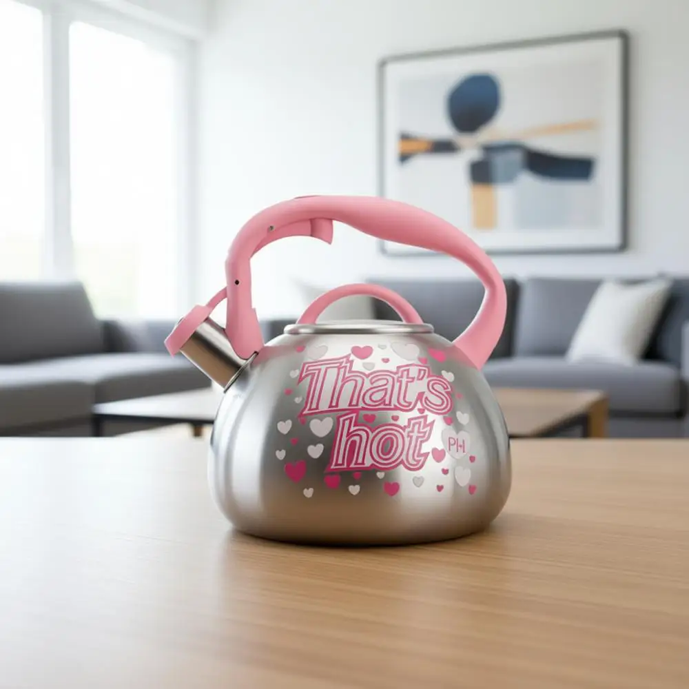

Whistling Stovetop Tea Kettle, Stainless Steel with Color Changing Heat Indicator, Soft Touch Handle, 2.5-Quart, Pink