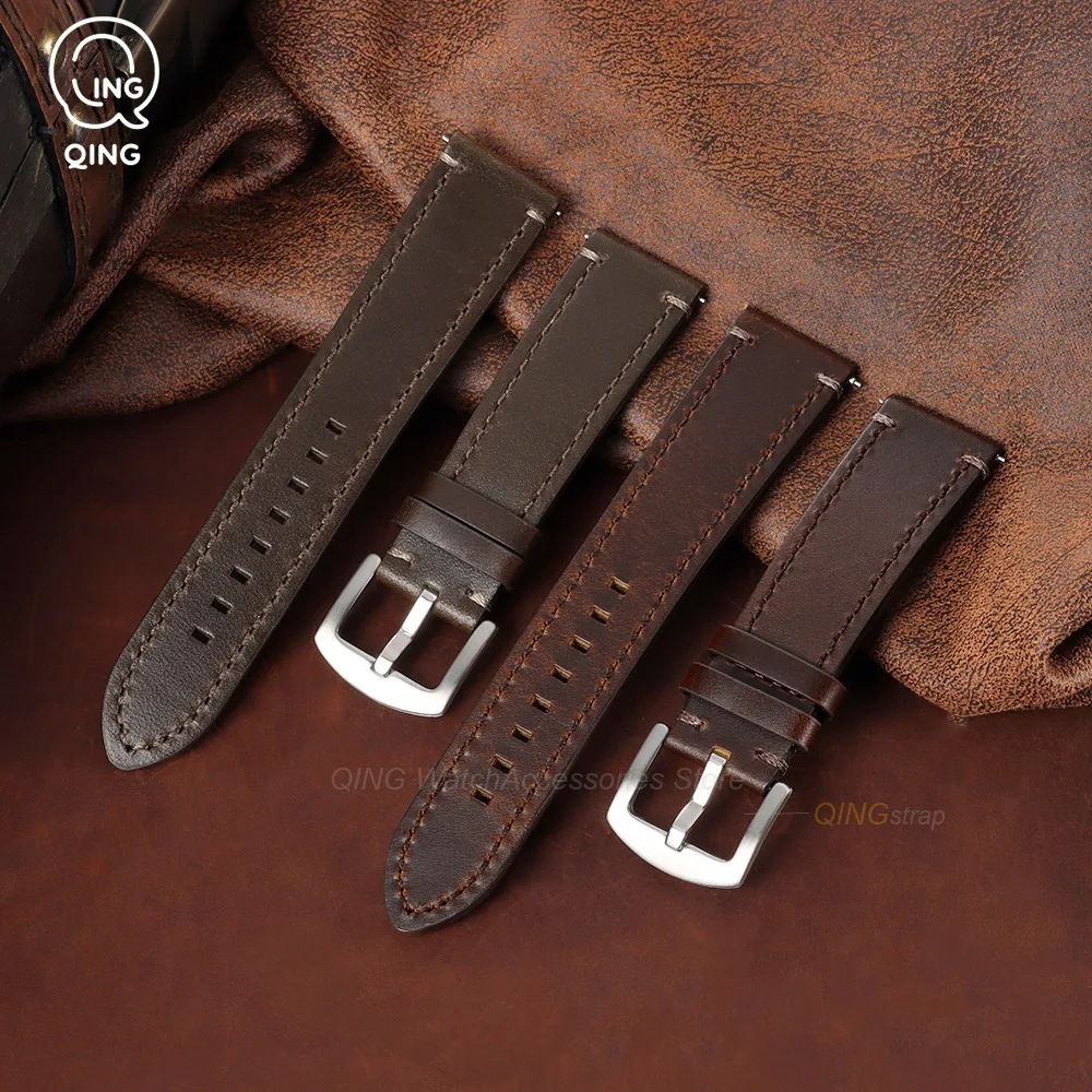 20mm 22mm Universal Men Women Oil Wax Leather Watch Band Vintage Cowhide Strap Quick Release Wristbelt Metal Pin Buckle Bracelet