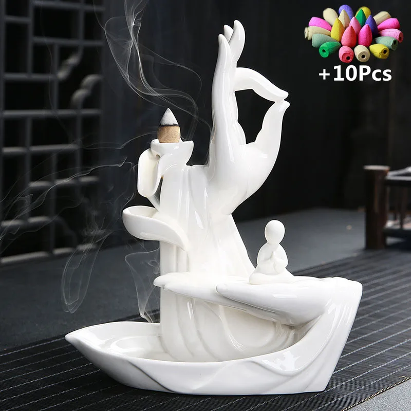 Gift 10Cones White Ceramic Incense Censer Buddha Hand Backflow Stick Holder