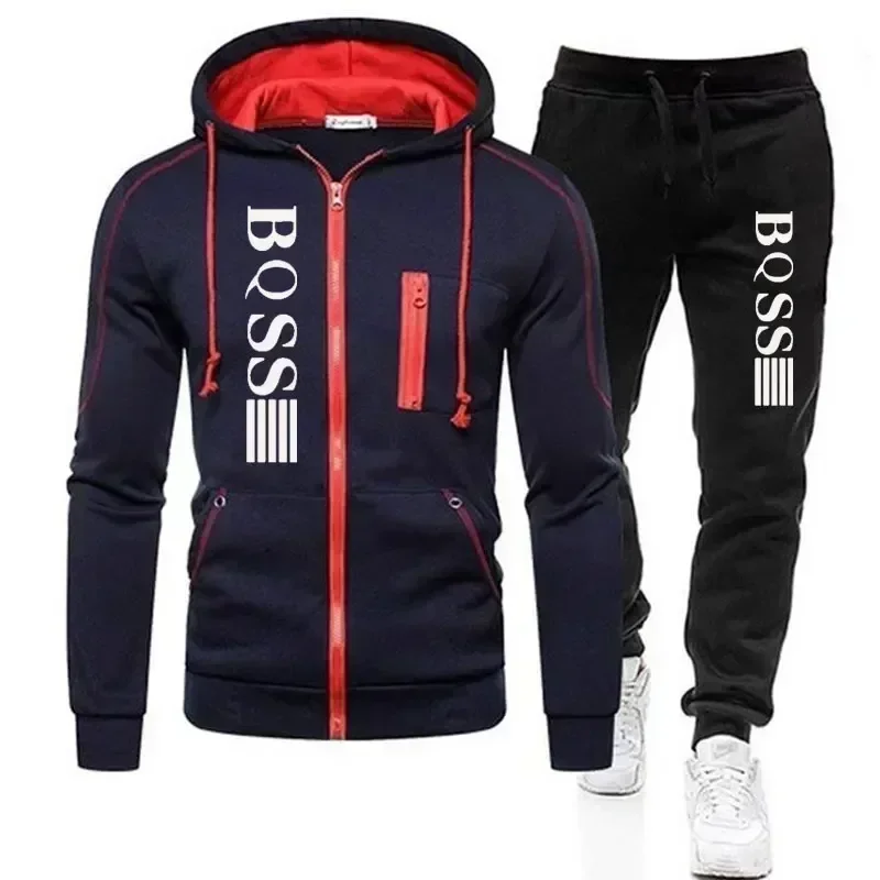 

Fashionable autumn and winter zipper hooded sportswear set for men, new zipper cardigan jacket + sportswear pants, running casua