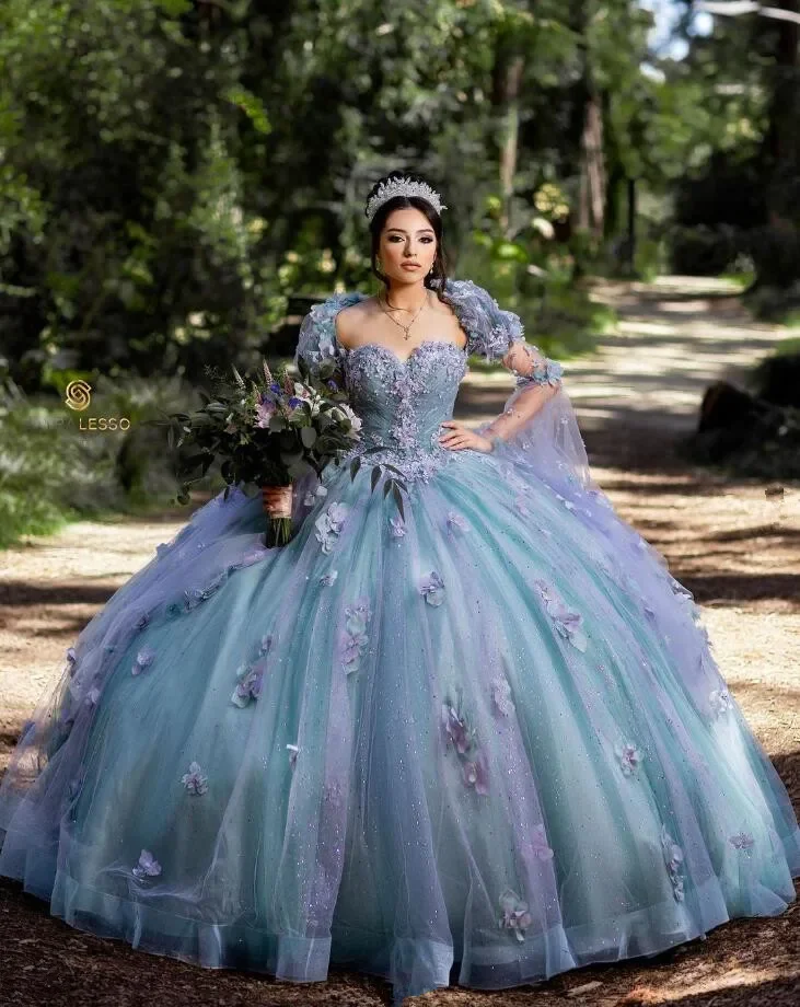 ANGELSBRIDEP 3D Floral Blue Purple Princess Quinceanera Dresses with Cape Skirt vestidos de 15 años quinceañeras Customized