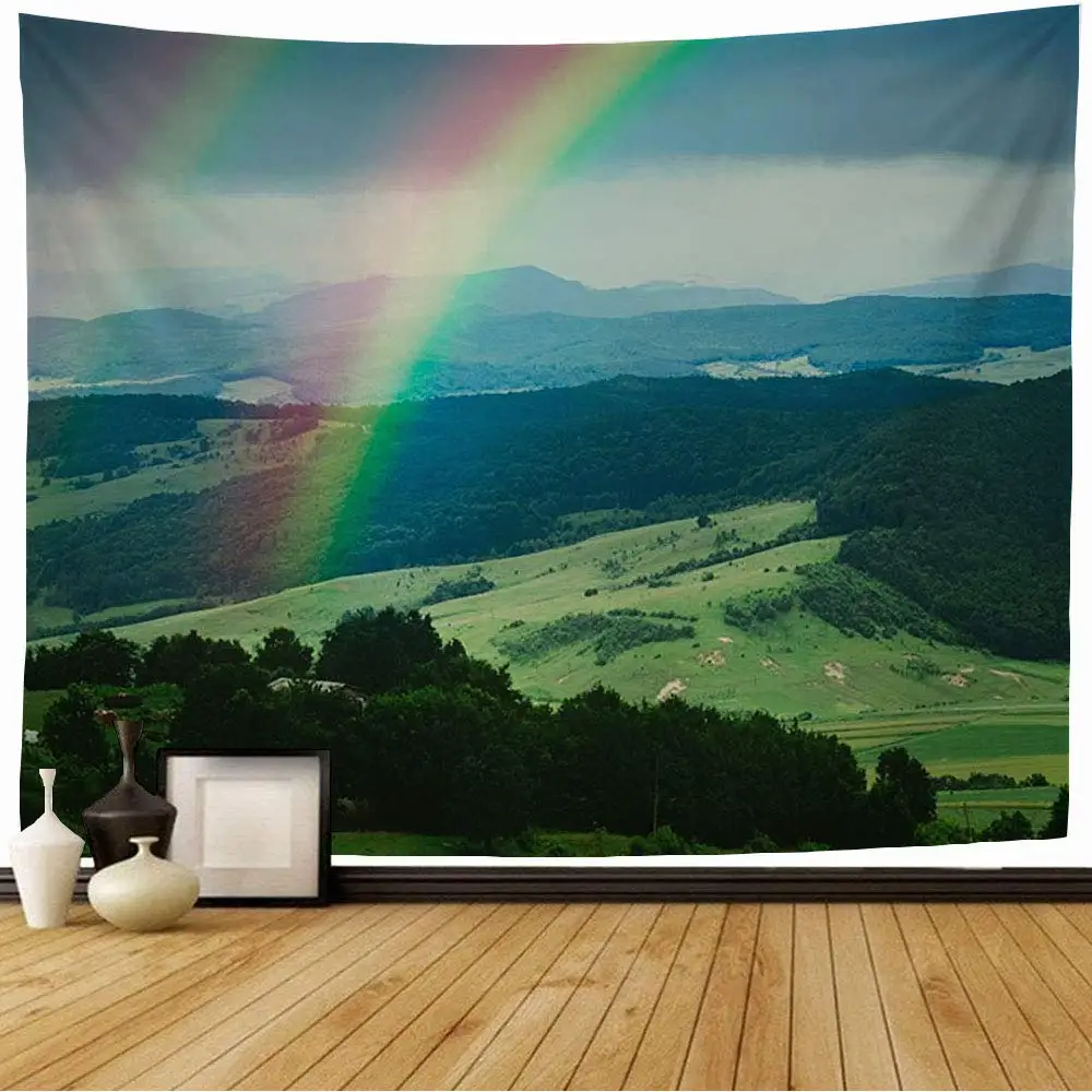 Natural Landscape Tapestry Spring Sunshine Rainbow Floral Meadow Tapestry Wall Hanging Art for Living Room Bedroom Dorm Decor