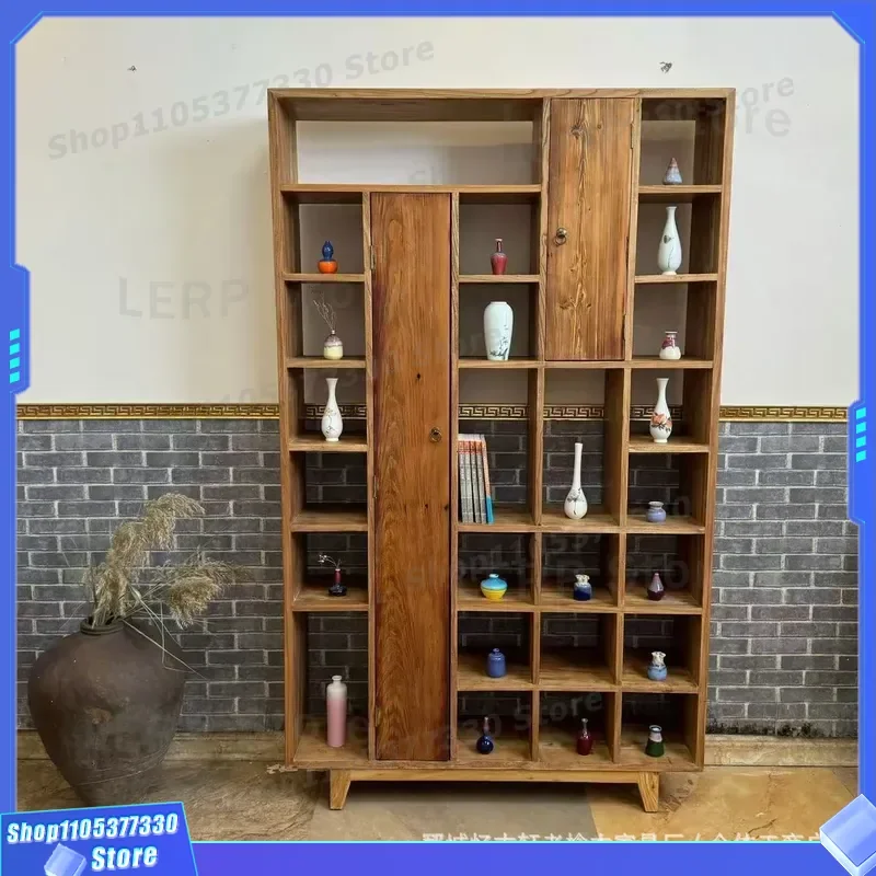 Vintage Chinese Elm Wood Bogu Shelf Solid Wood Display Cabinet for Tea Room Decor Multi Layer Storage Rack for Home Living