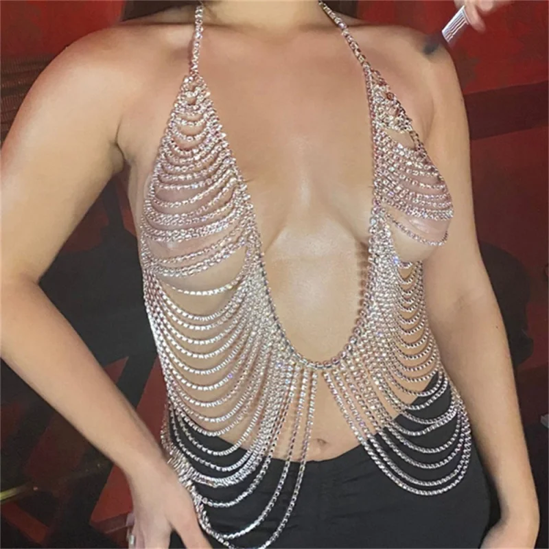 

Ювелирные изделия для тела, цепочка на грудь, сексуальный бюстгальтер с цепочкой, женский сексуальный многослойный сексуальный бикини со стразами, костюм для ночного клуба, вечеринки