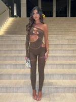 Whatiwear Rhinestones Patchwork Jumpsuit Women Sexy Hollow Skew Collar Single Sleeve Hottie Midnight Club Party Coquett Overalls 6