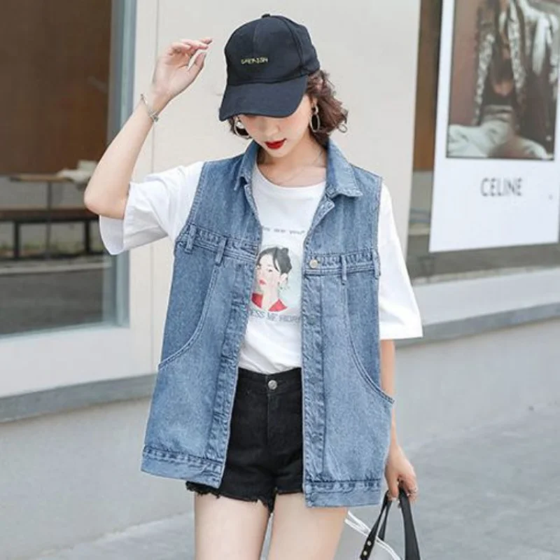 Denim Vest Women 2023 New Summer Fashion Age Reduction Young Loose Large Size Clip Long Top Coat