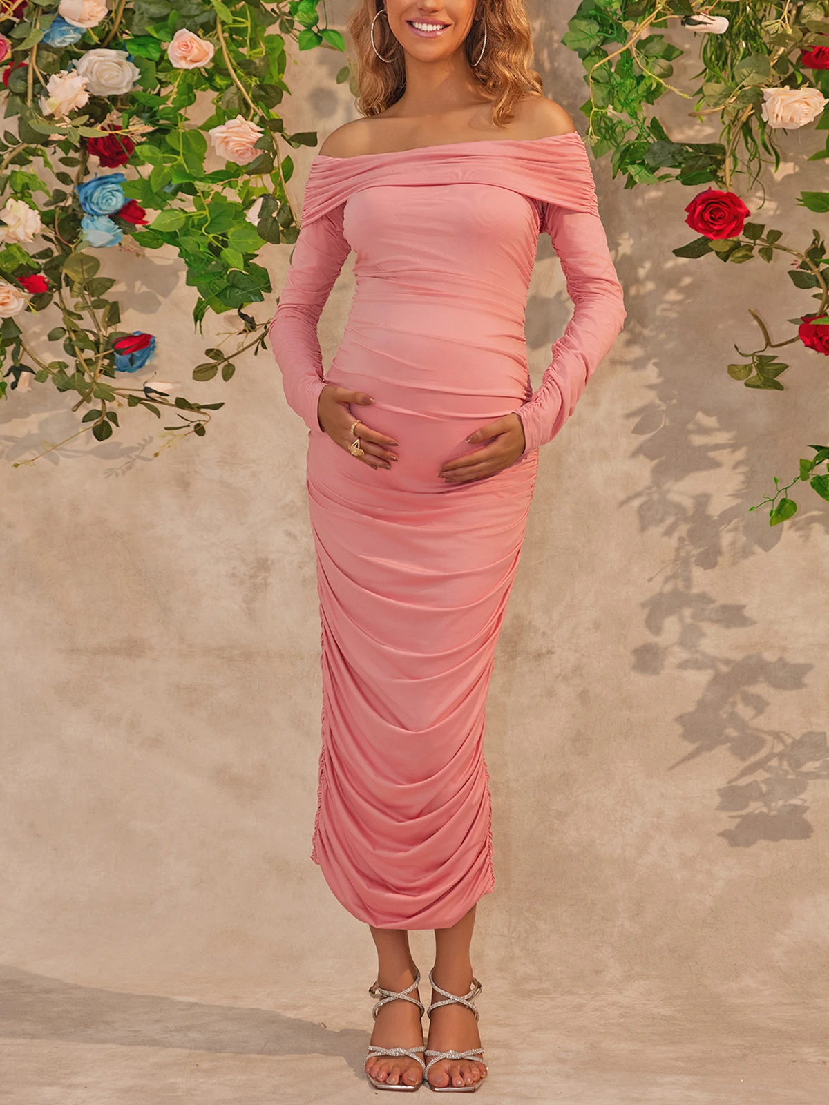 ItsRoya Pink Pleated Long Sleeves Maternity Dresses Off Shoulder Backless Pregnant Photography Props Dress Sexy Party Slim Gowns