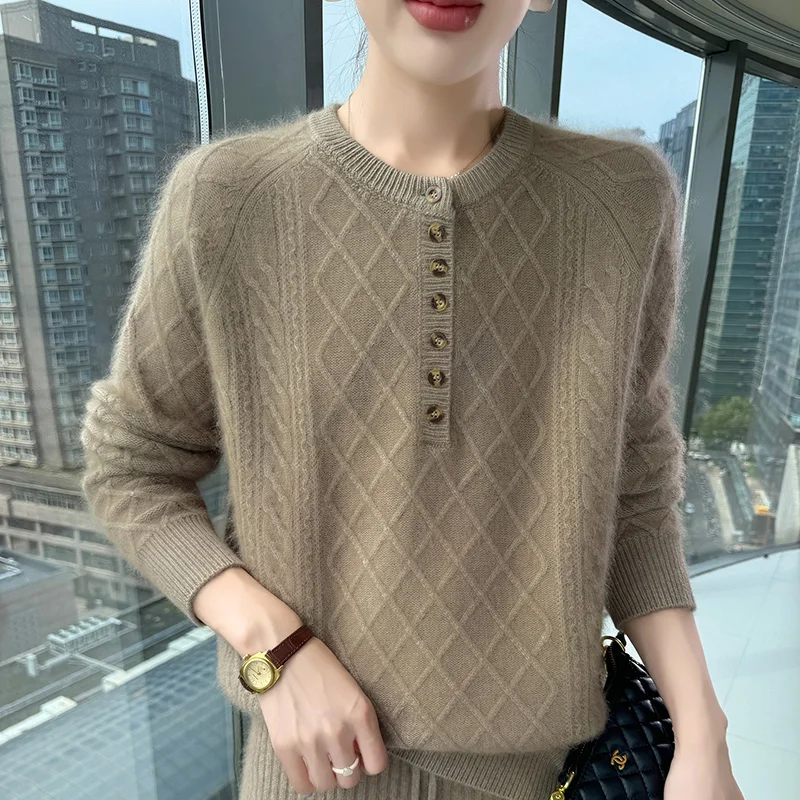 

Autumn Winter New Fashion Basic Women's Clothing 100% Mink Cashmere Pullover Solid Color O-Neck Soft Fluffy Sweater Knitted Tops