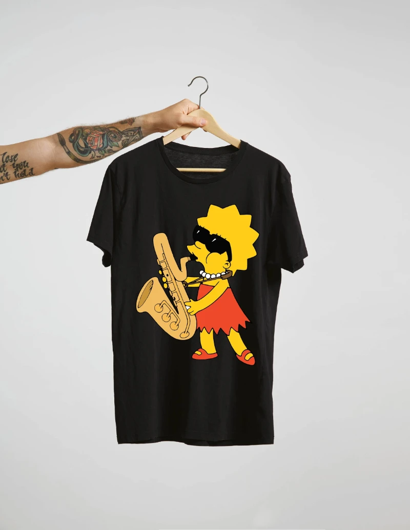 Lisa Simpson Saxophone T-shirt: Cartoon Art Tee Non-Mom Graphic T-Shirt for Men - Casual Crew Neck, Regular Fit Slight Stretch