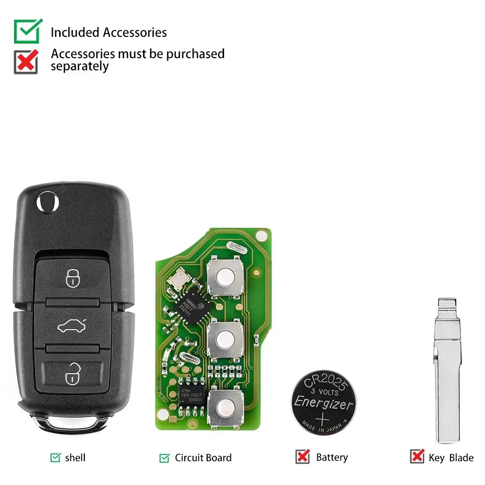 Xhorse-llave remota de cable XKB501EN, B5 Flip, 3 botones para Volkswagen, herramienta de llave VVDI, 5 unidades por lote