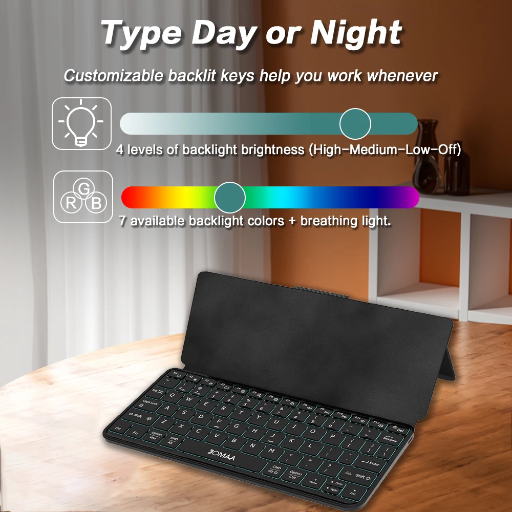 Jomaa RGB Backlit Wireless Keyboard for iPad Tablet Slient Bluetooth keyboard with Built-in Cover Slim Easily Switch Keyboard