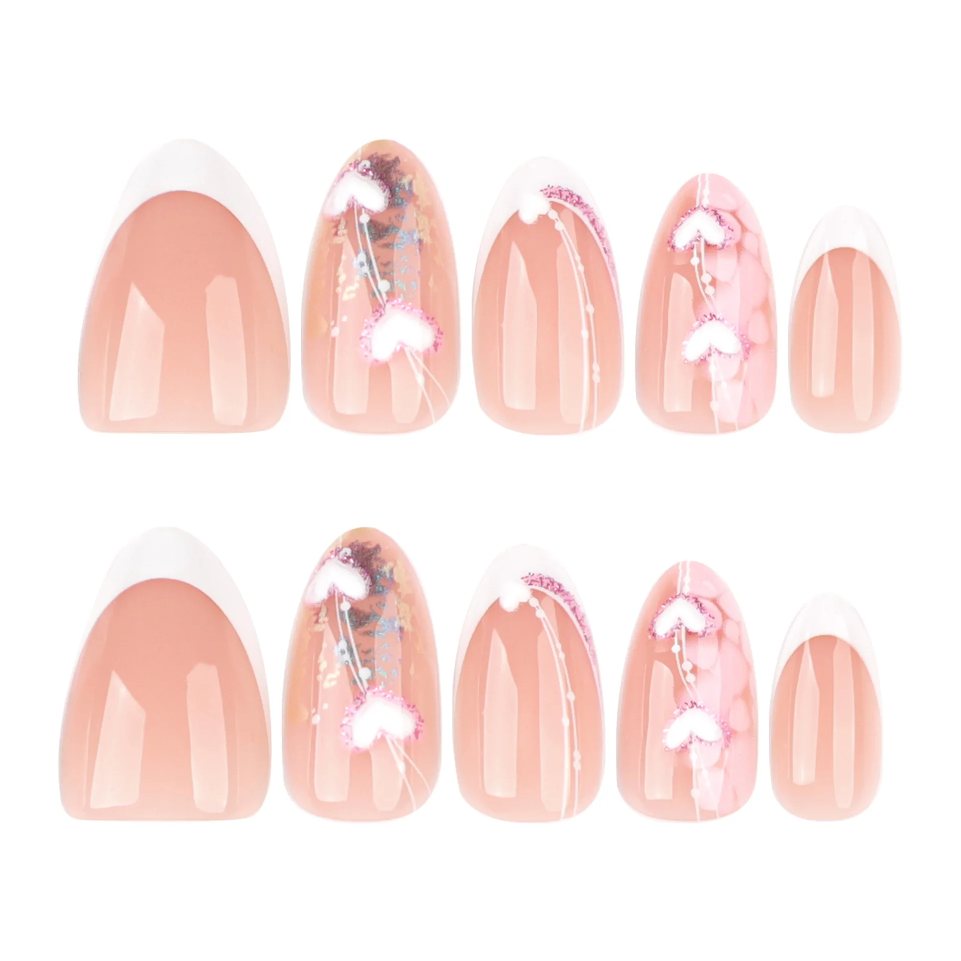 24 Uds. De uñas postizas simples, blancas, francesas, estilo almendra, 3D, en forma de corazón, desmontables, usables