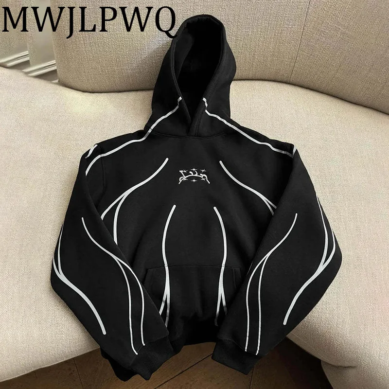 

MWJLPWQ American Retro Y2K Striped Hooded Sweatershirt High Street Fashion Autumn New Oversized Loose Pullover Male Tops 010498