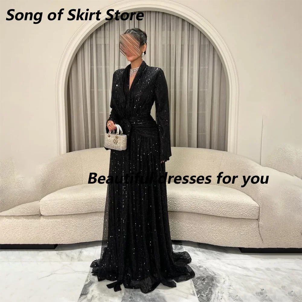 Luxury Beading Sequins Evening Dress Customized V-Neck Long Sleeves Pleat A Line Floor Length Black Formal Party Dresses