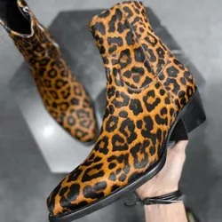 Brown Leopard Print Genuine Leather Mens Ankle Boots Fashion High top Zipper Boots Men Shoes Hombre Sapatos Big Size 38-46