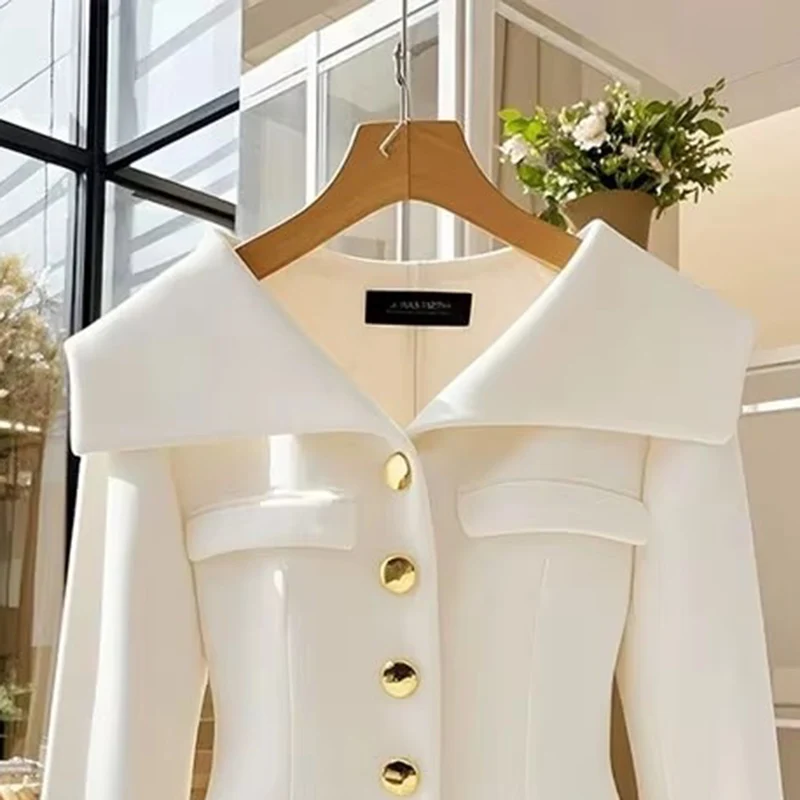 2025 Autumn Women\'s White Coat Waist Long Sleeve Slim Chic Short Outwear High-End Solid Color Top Clothing Office Jackets Ladies