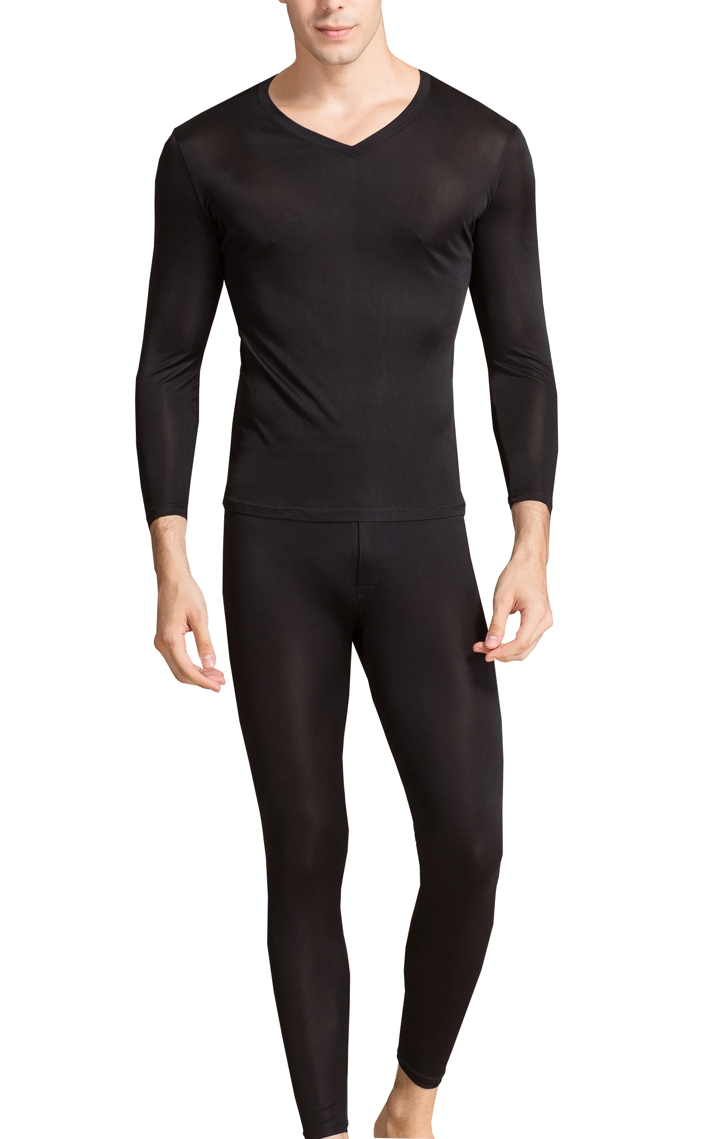 Men's Silk Long Johns Mulberry Silk Long Underwear V-Neck Breathable Thermal Underwear Sets & Undergarments