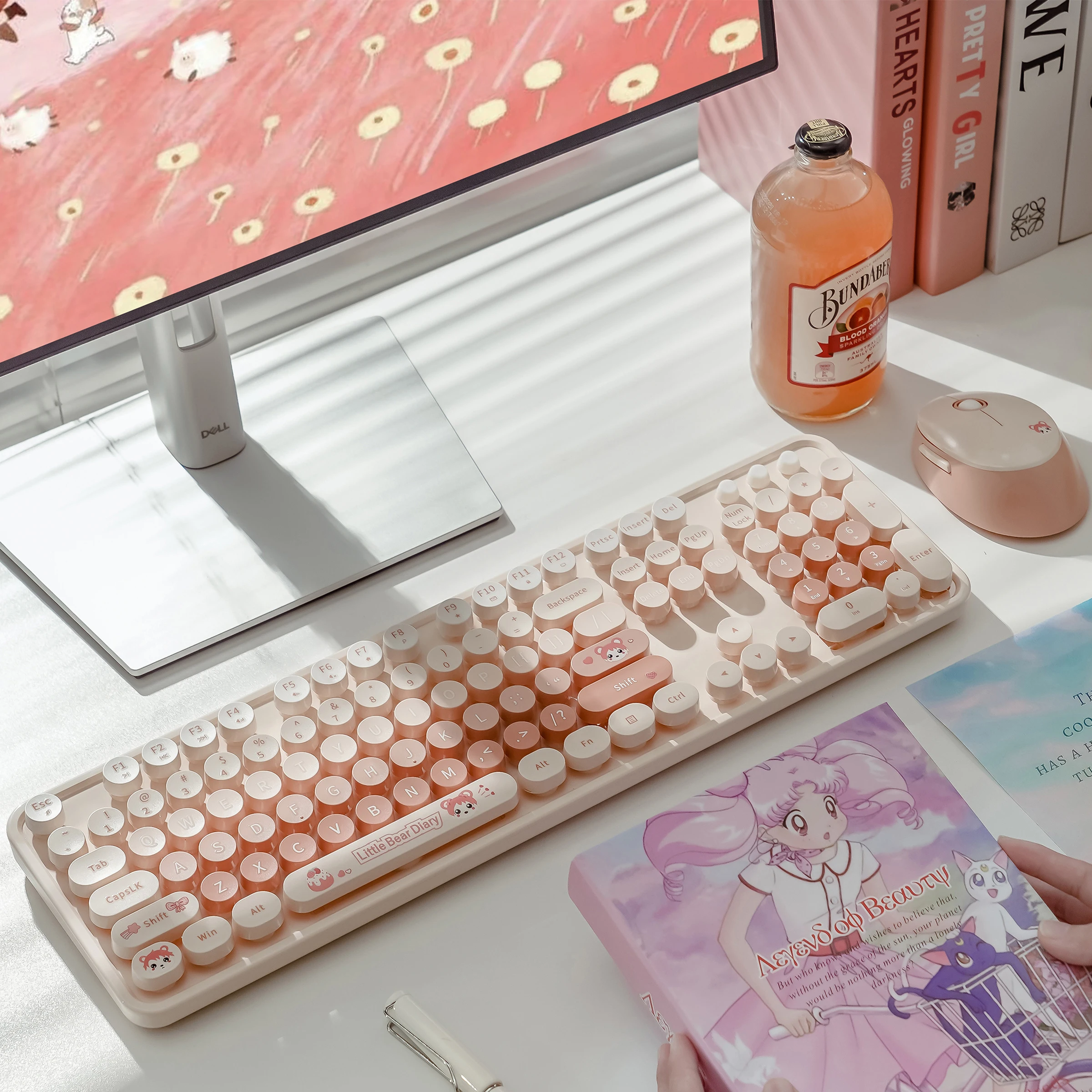 MOFII Sweet 2.4G Wireless Keyboard Mouse Combo, Cute Round Keycaps Orange for Girls, Compatible with Laptop Desktop, US QWERTY