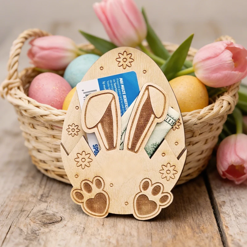 YOMDID Hölzerner Osterhase als Geldhalter, Osterhase als Fotorequisite, Holzkaninchen mit Tasche, Fotorequisiten, Oster-Geldgeschenk