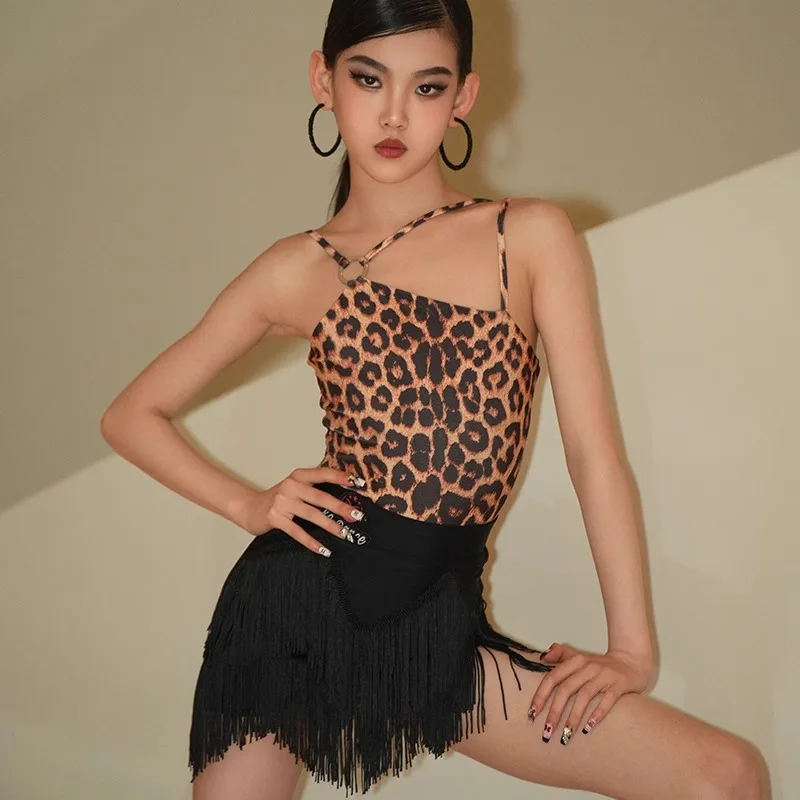 Costume de danse latine personnalisé, ensemble d'entraînement pour fille et enfant, tempérament, dos nu, imprimé léopard, confortable et respirant, nouvelle collection